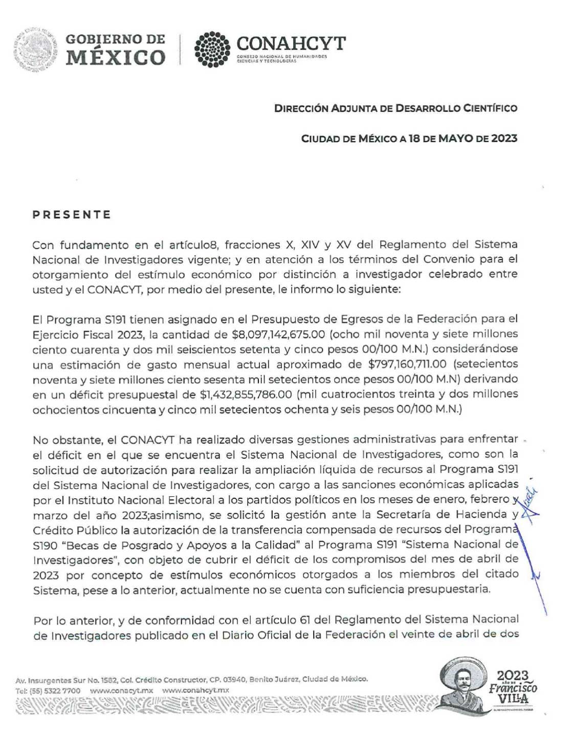 Oficio firmado por la Dirección Adjunta de Desarrollo Científico del Consejo Nacional de Ciencia y Tecnología