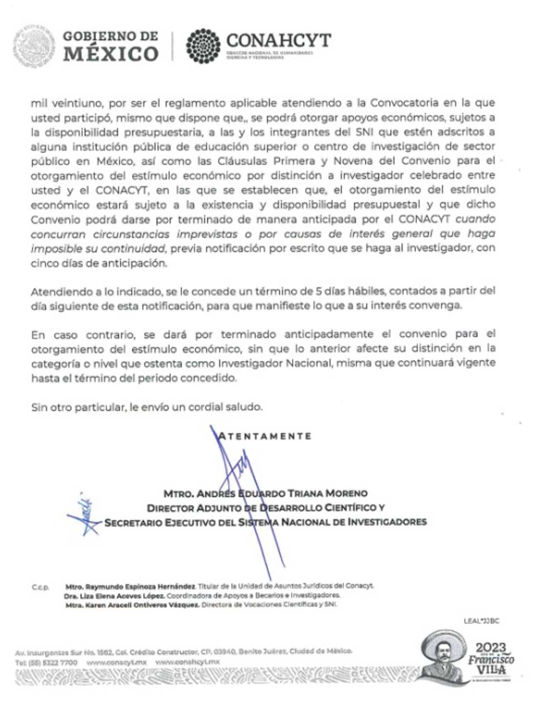 Oficio firmado por la Dirección Adjunta de Desarrollo Científico del Consejo Nacional de Ciencia y Tecnología, página 2